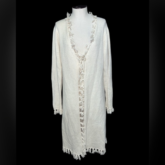 Long duster cardigan tassel fringe ivory hippie boho fall western small preppy - Picture 2 of 12